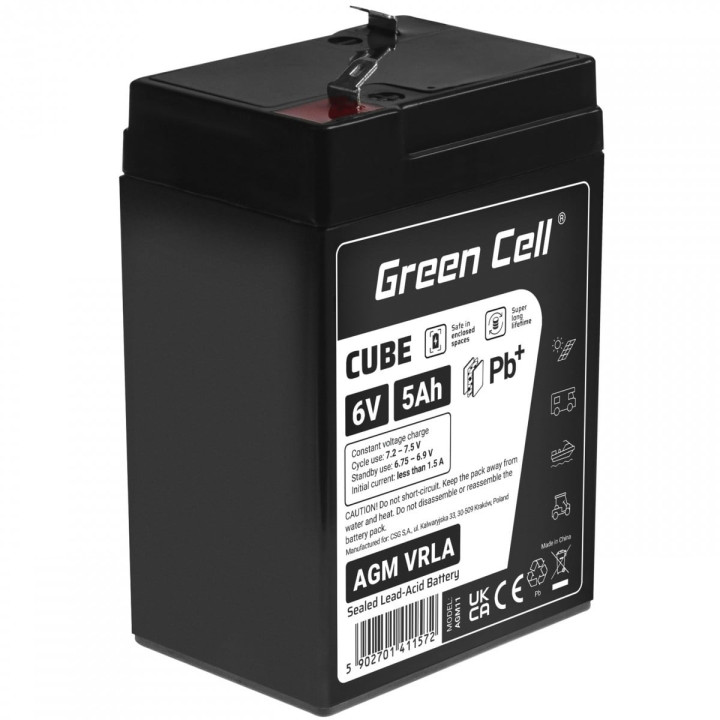 Green Cell AGM6V5AH-J 6V 5Ah AGM VRLA IP54 Maintenance-Free Battery