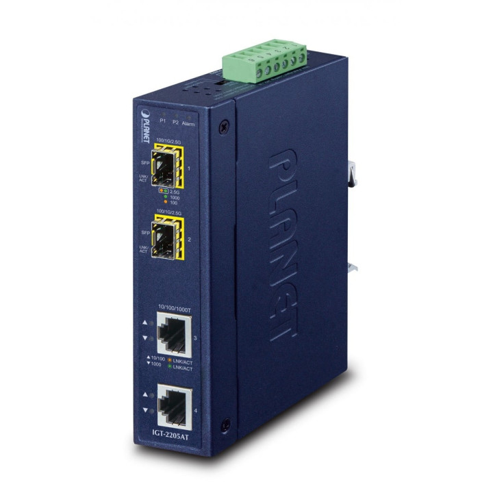 PLANET IGT-2205AT Convertisseur de Médias Industriel Géré - 2x Gigabit RJ45 vers 2x 1G/2,5G SFP, -40-75°C, Double Alimentation D