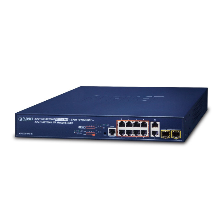 PLANET GS-5220-8P2T2S Managed Gigabit PoE+ Switch with 8 PoE Ports, 240W Budget