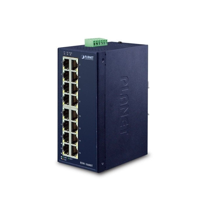 PLANET ISW-1600T Switch Ethernet industriel 16 ports 10/100TX, IP30, -40~75°C, double alimentation redondante 12-48VDC/24VAC, ce