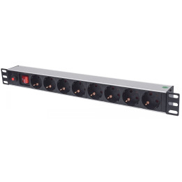 Intellinet 713986 19" 1U Rackmount 8-Way Power Strip - German Type, On/Off Switch, Overload Protection, 3m Cord