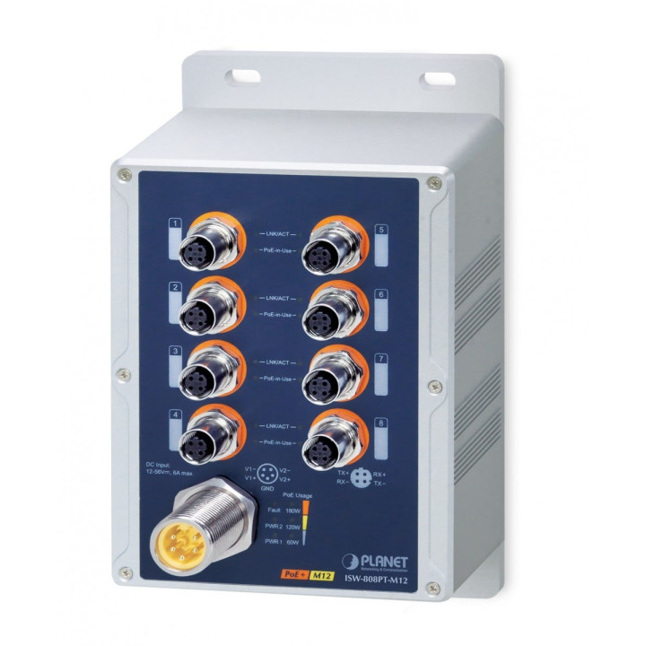 PLANET ISW-808PT-M12 Conmutador industrial M12 PoE+ de 8 puertos 10/100Mbps, IP67, -40~75°C, doble 12-56VDC, EN50155