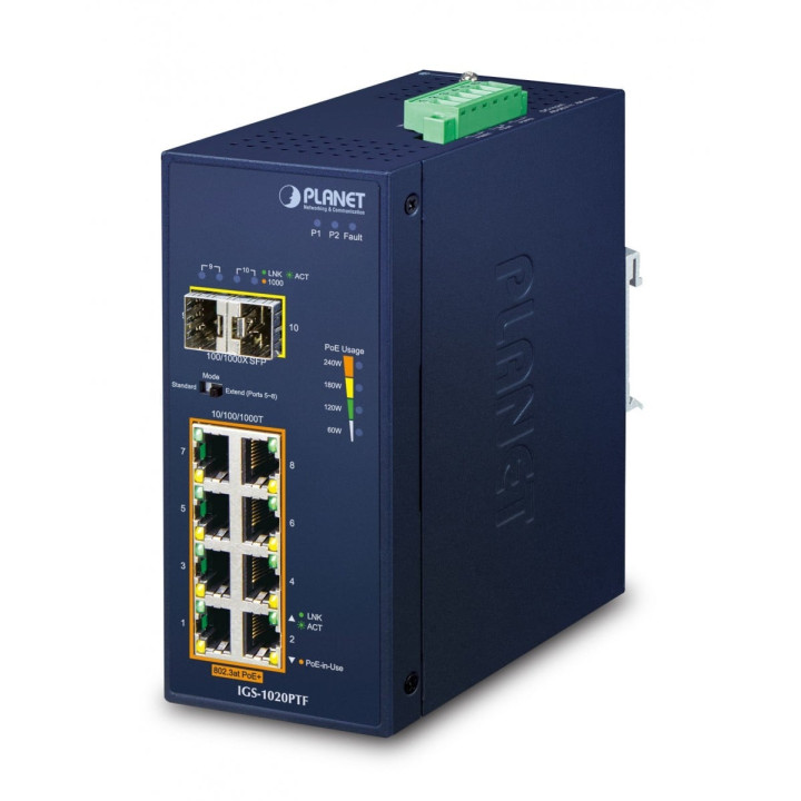 PLANET IGS-1020PTF Conmutador industrial PoE+ Gigabit de 8 puertos con 2 SFP, IP30, -40~75°C