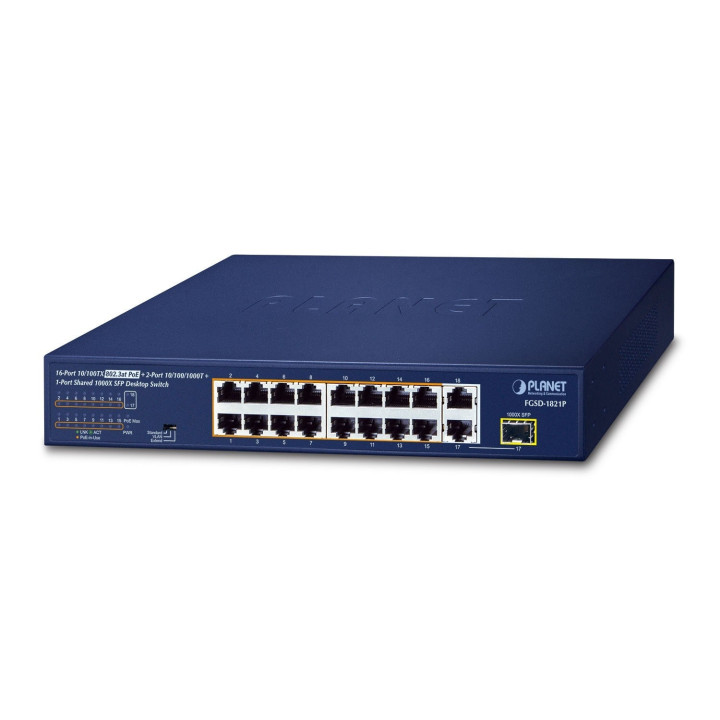 PLANET FGSD-1821P 16-Port 10/100TX PoE + 2-Port Gigabit + 1 SFP Unmanaged Switch (185W PoE Budget)