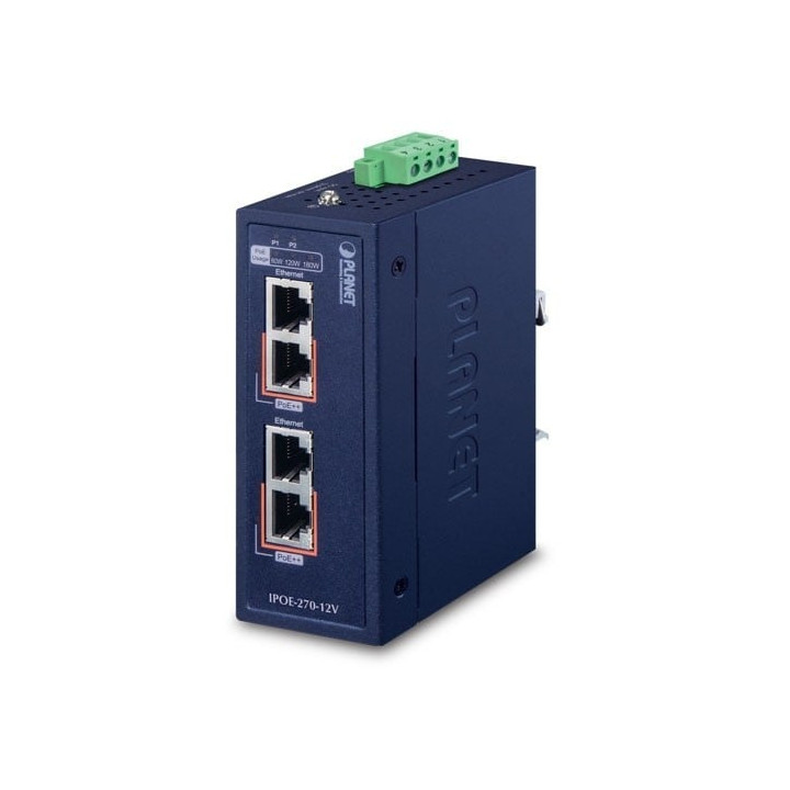 PLANET IPOE-270-12V IP30 Industrial 2-Port Multi-gigabit 802.3bt PoE++ Injector