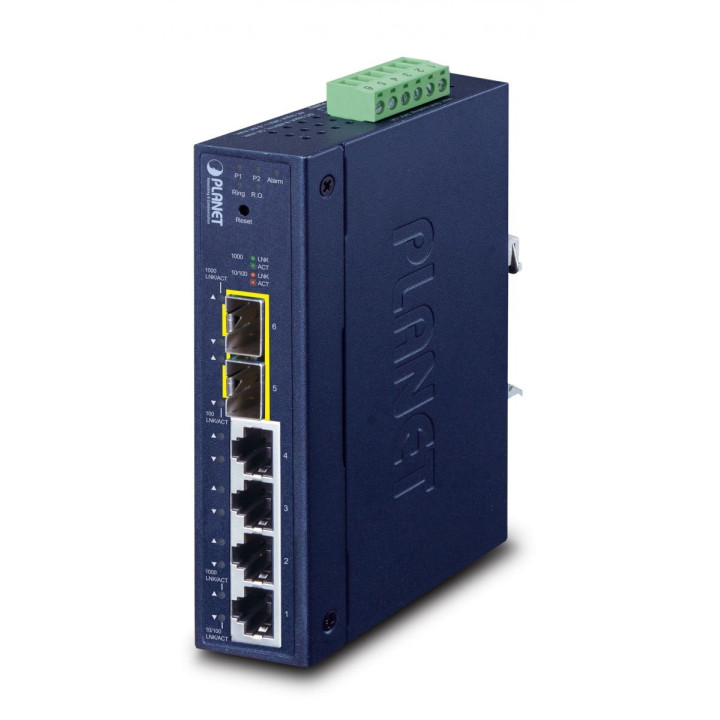 PLANET IGS-4215-4T2S Switch administrable industriel, 4x Gigabit RJ45 + 2x SFP, IP30, -40~75°C, double entrée DC