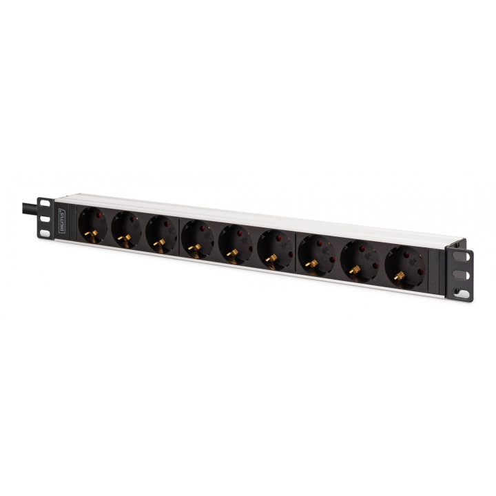 DIGITUS DN-95440 PDU Rack Power Strip 19", 9x Schuko CEE 7/3 (45°) sockets, 2m cable, IEC C20 plug, 16A, aluminum