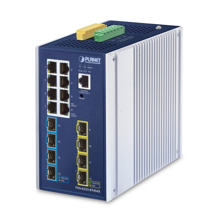 PLANET TSN-6325-8T4S4X Switch TSN industriel L3 administrable, 8x Gigabit RJ45, 4x 1G/2,5G SFP, 4x 10G SFP+, IP30, Rail DIN, -40