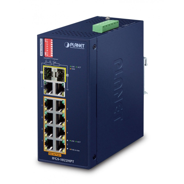 PLANET IFGS-1022HPT Conmutador industrial PoE+ de 8 puertos con 2 Gigabit SFP, -40 a 75°C, IP30