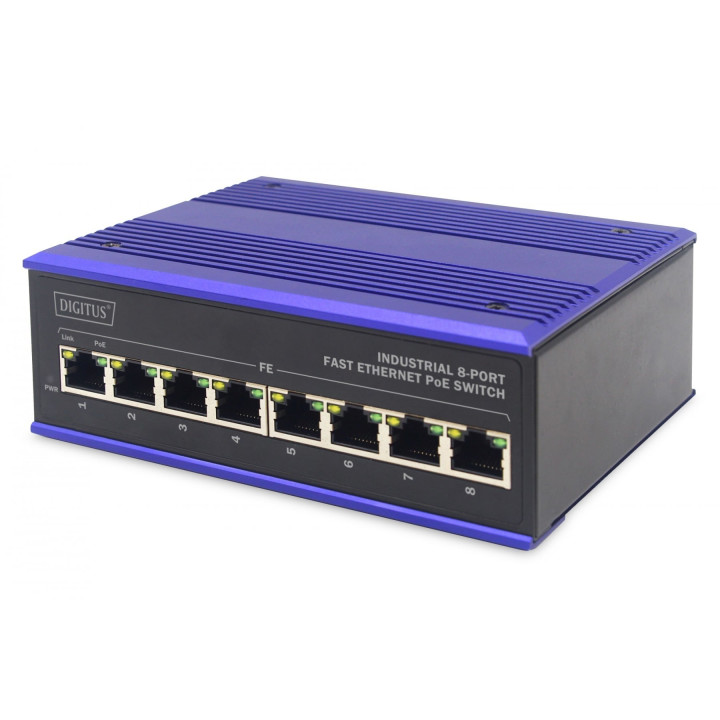 DIGITUS DN-650108 Industrial 8-Port Fast Ethernet PoE Switch DIN rail, extended temp. range