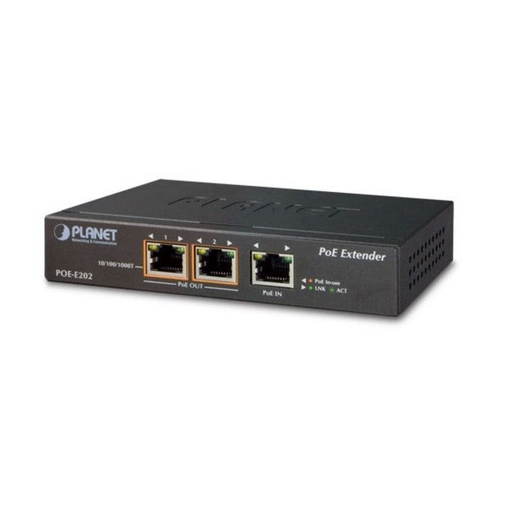 PLANET POE-E202 Extensor PoE Gigabit de 1 puerto 802.3at+ a 2 puertos 802.3af/at Gigabit