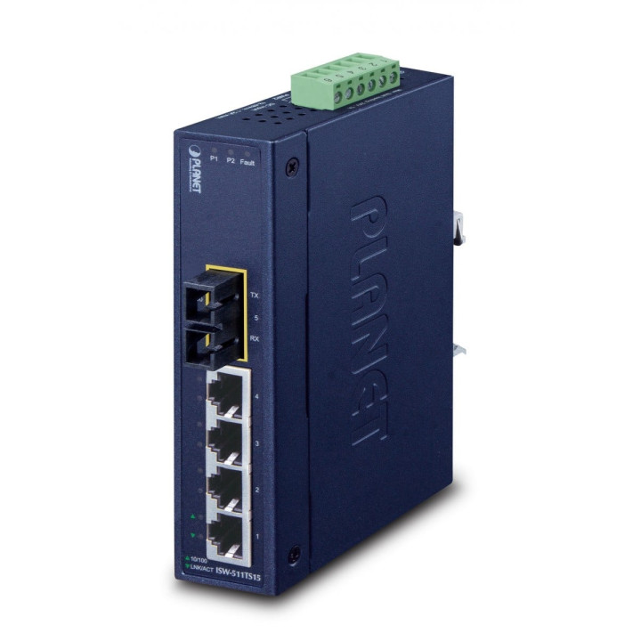 PLANET ISW-511TS15 IP30 Slim Type 4-Port Industrial Ethernet Switch + 1-Port 100Base-FX (15km) (-40 to 75°C)