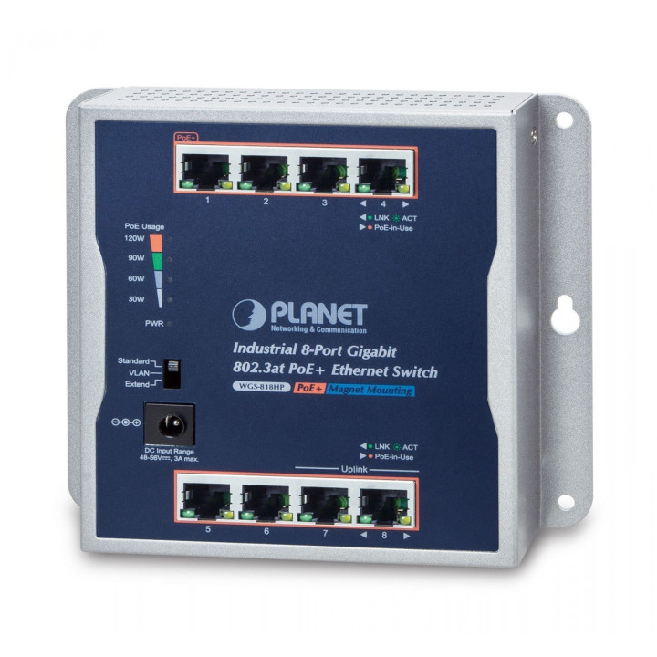 PLANET WGS-818HP Conmutador industrial Gigabit PoE+ de 8 puertos (120 W, IP30, sin ventilador, -20 °C a 60 °C)