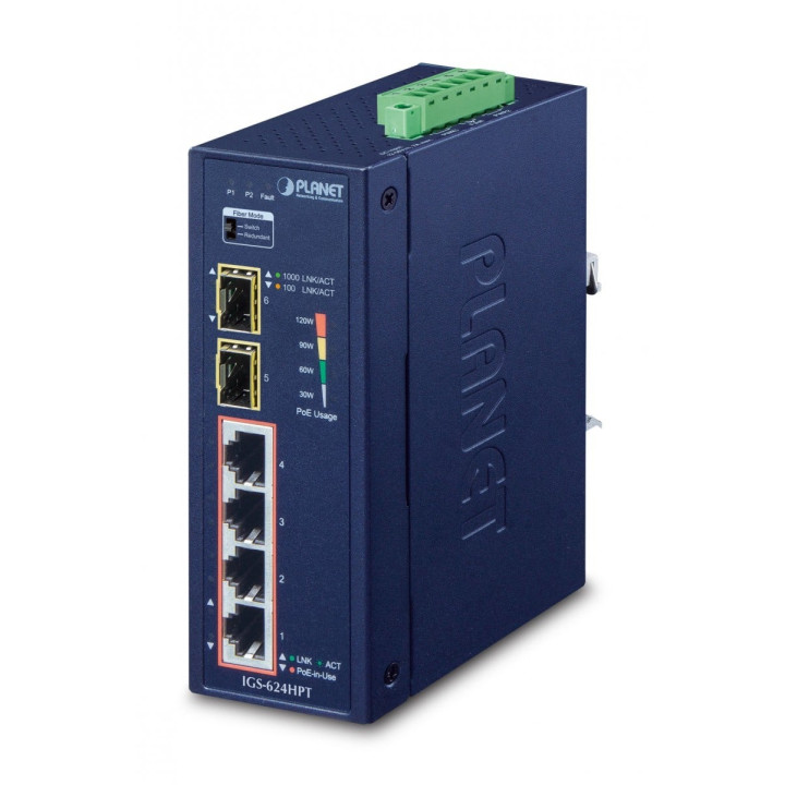 PLANET IGS-624HPT Conmutador industrial Gigabit PoE+ de 4 puertos con 2 ranuras SFP