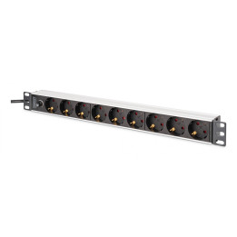 DIGITUS DN-95437 PDU Rack Power Strip 19" with 9 Schuko Sockets, 2m Cable, IEC C14 Plug, 10A, Aluminium