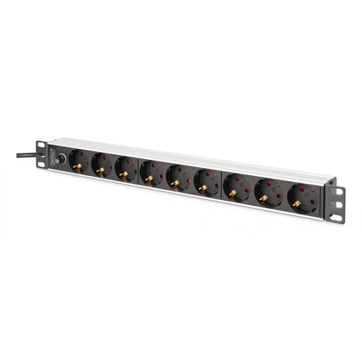 DIGITUS DN-95437 PDU Rack Power Strip 19" with 9 Schuko Sockets, 2m Cable, IEC C14 Plug, 10A, Aluminium