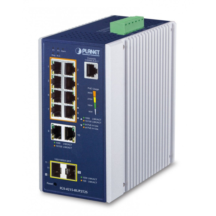 PLANET IGS-4215-8UP2T2S Switch industriel L2/L4 8 ports 802.3bt PoE+ administrable