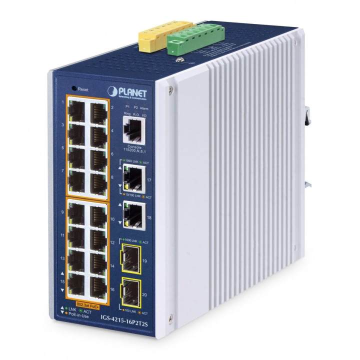 PLANET IGS-4215-16P2T2S Switch industriel IP30 L2/L4 16 ports Gigabit PoE+ administrable avec budget PoE 320 W