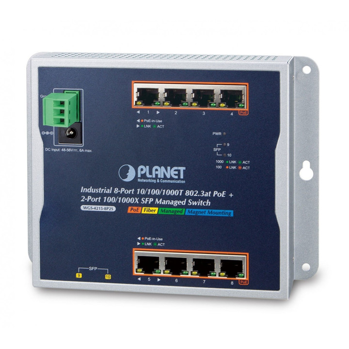 PLANET WGS-4215-8P2S Conmutador Gigabit PoE+ gestionado, 8 puertos 802.3at + 2 SFP, IP30, montaje en pared, -40°C a 75°C