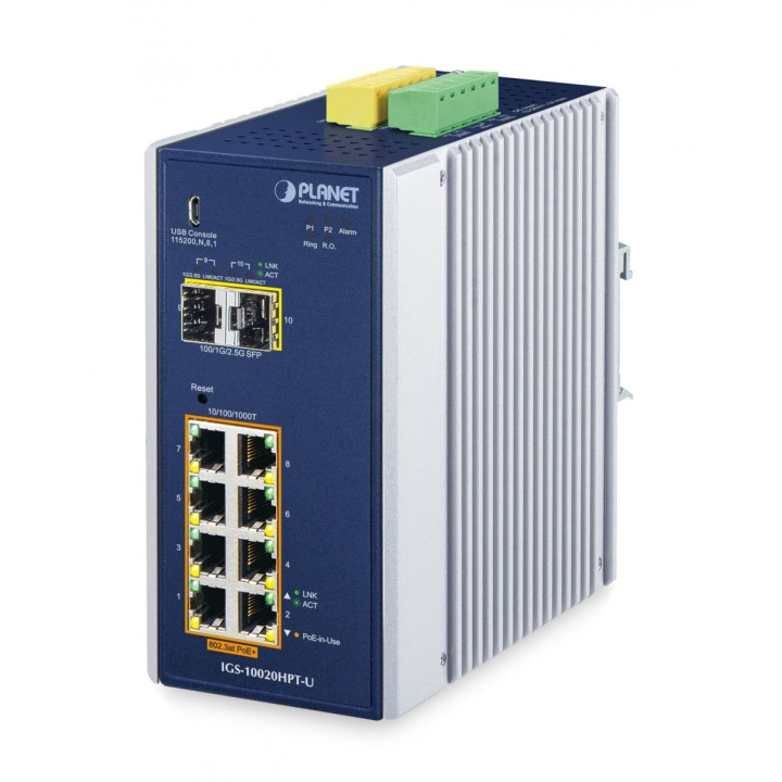 PLANET IGS-10020HPT-U Switch industriel L2+/L4 8 ports 1000T 802.3at PoE + 2 ports 1G/2,5G SFP entièrement géré (-40 à 75°C, 12-