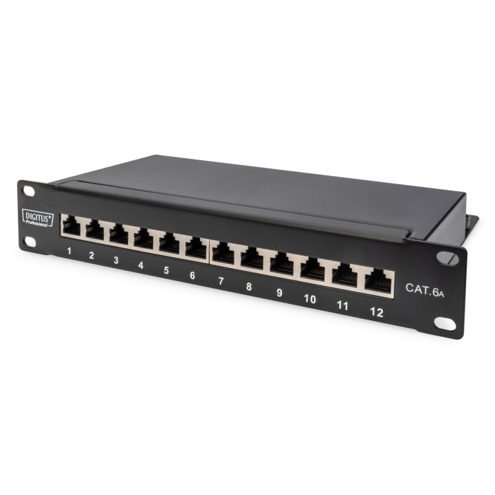 DIGITUS CAT 6A Shielded Patch Panel, 12-Port, 1U, 10" Rack Mount, Black RAL 9005
