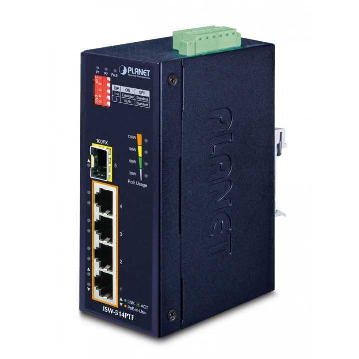 PLANET ISW-514PTF Conmutador PoE+ Fast Ethernet industrial de 5 puertos (4x PoE+ 802.3at, 1x 100FX SFP, 120W económico, IP40, -4