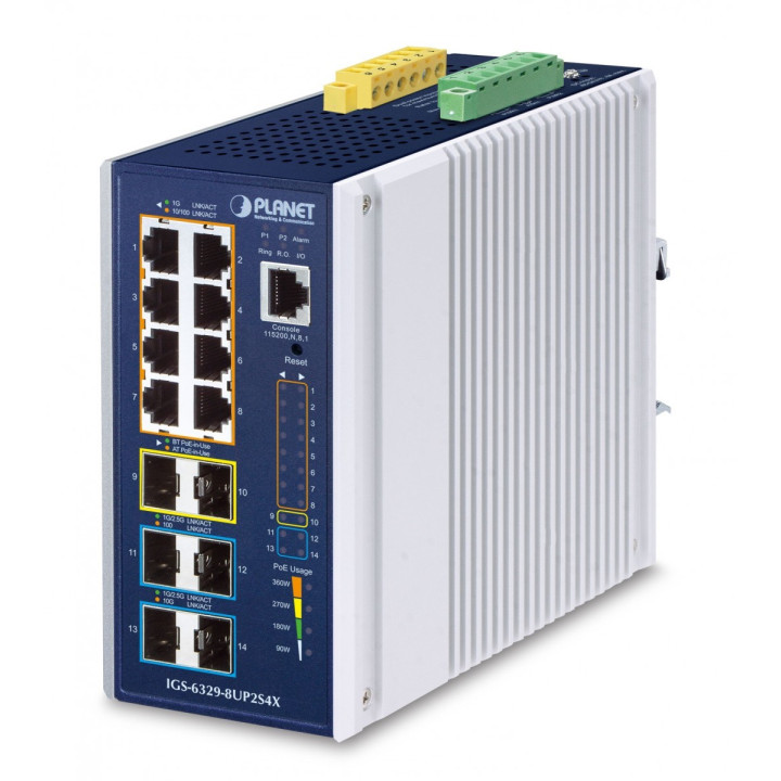 PLANET IGS-6329-8UP2S4X IP30 DIN-rail Industrial L3 8-Port 10/100/1000T 802.3bt PoE + 2-Port 1G/2.5G SFP + 4-Port 10G SFP+ Full 