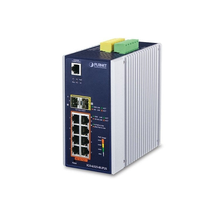 PLANET IGS-6325-8UP2S IP30 DIN-rail Industrial L3 8-Port 10/100/1000T 802.3bt PoE + 2-Port 1G/2.5G SFP Full Managed Switch