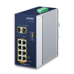 PLANET IGS-1020PTF-12V Switch industriel Gigabit PoE+ 8 ports avec 2 SFP et booster 12 V