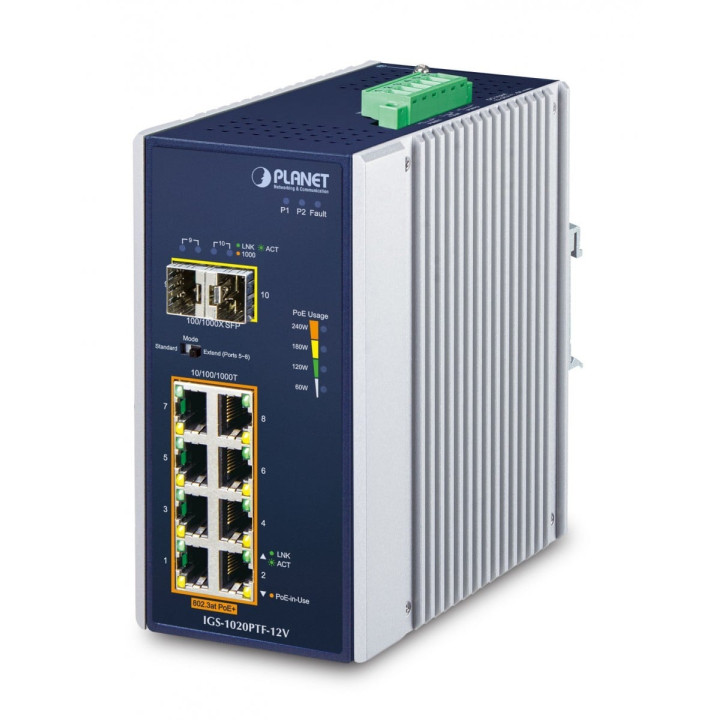 PLANET IGS-1020PTF-12V Switch industriel Gigabit PoE+ 8 ports avec 2 SFP et booster 12 V