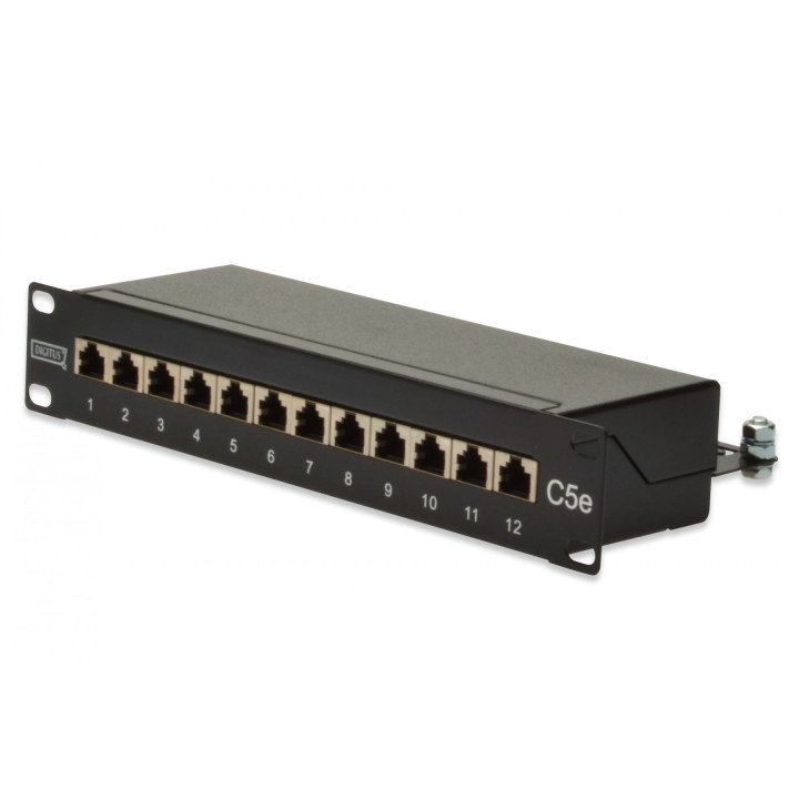 DIGITUS DN-91512S CAT 5e Shielded Patch Panel, 12-Port RJ45, 1U 10" Rack Mount, Black