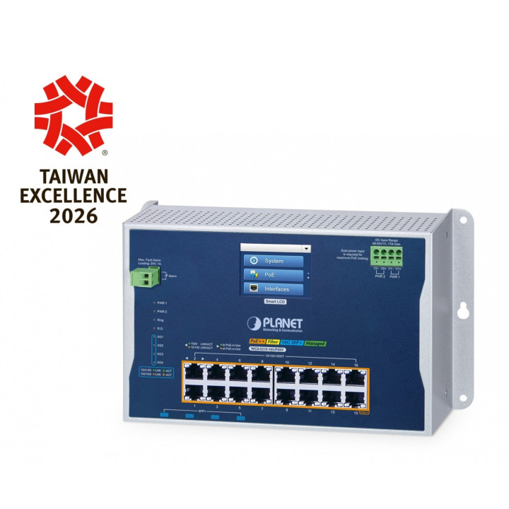 PLANET WGS-5215-16UP4XV Industrial L2+ 16 puertos 10/100/1000T 802.3bt PoE + 4 puertos 10G SFP+ Switch administrado con pantalla
