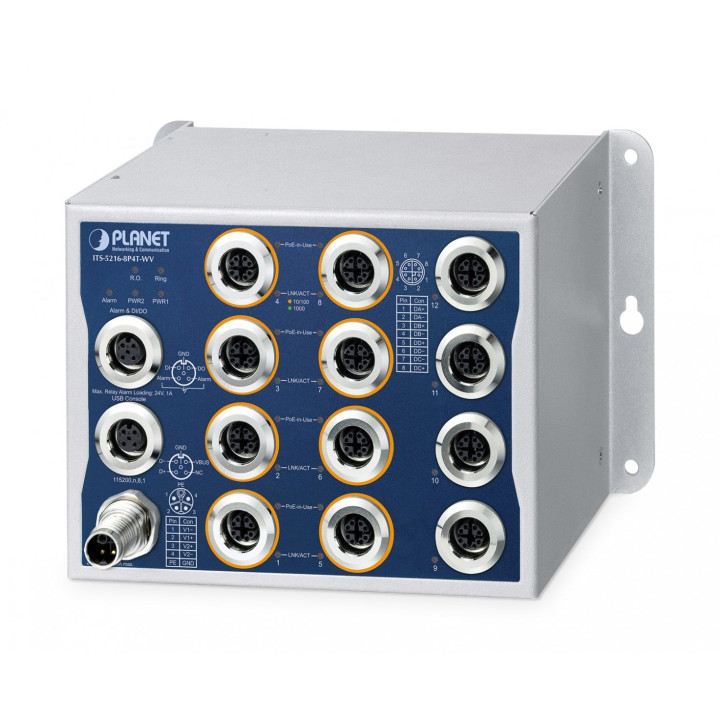 PLANET ITS-5216-8P4T-WV Switch Ethernet géré industriel L2+, 8x PoE+ M12 + 4x M12, IP50