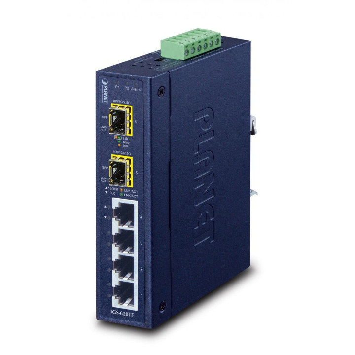 PLANET IGS-620TF Switch industriel administrable Gigabit à 6 ports (4x RJ45 + 2x SFP, -40~75°C, double DC/AC)