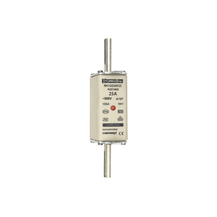 NH fuse-link gG, 500VAC, size 1, 25A double indicator/live tags