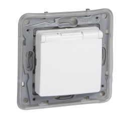 Prise de courant standard allemande 2P+T Niloe - avec fermeture. -IP44 + volet -auto. terme. -blanc