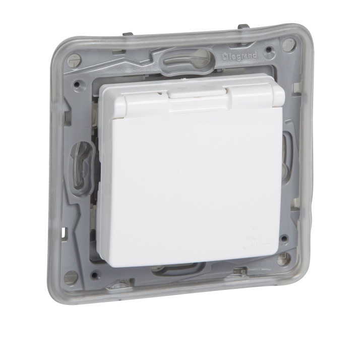 Prise de courant standard allemande 2P+T Niloe - avec fermeture. -IP44 + volet -auto. terme. -blanc