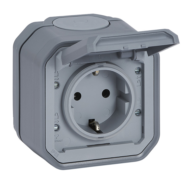 PRISE PLEXO STANDARD ALLEMAND AVEC BORNES À VIS - GRIS - SURFACE