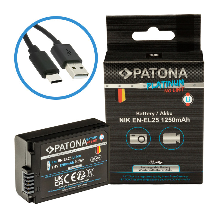 Patona PT1398 Replacement Battery for Nikon EN-EL25, 1250mAh Li-Ion with USB-C Charging