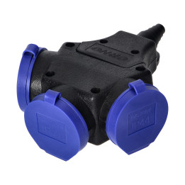 3-way waterproof extension socket in durable IP44 casing, 3x2P+E Schuko, 16A, 230V AC