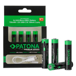 Patona PT1409 AAA/LR03 Li-Pol 500mAh 1.5V Rechargeable Battery with USB-C (4-Pack)