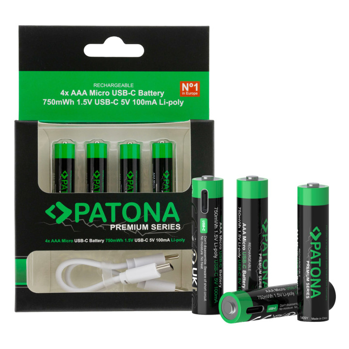 Patona PT1409 AAA/LR03 Li-Pol 500mAh 1.5V Rechargeable Battery with USB-C (4-Pack)