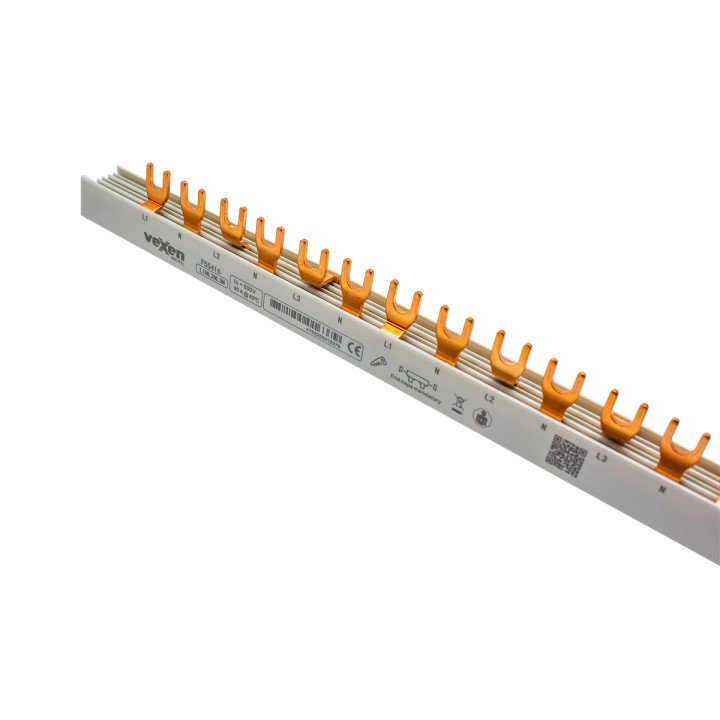 Jeu de barres MCB 16 mm2, phase 3P+N (L1NL2NL3N), type fourche, 1 m, 54 modules