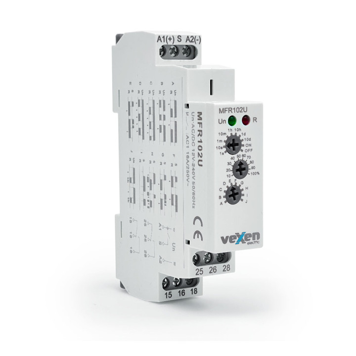 MFR102U Relais temporisé multifonctionnel 2CO 16A 12-230V AC/DC
