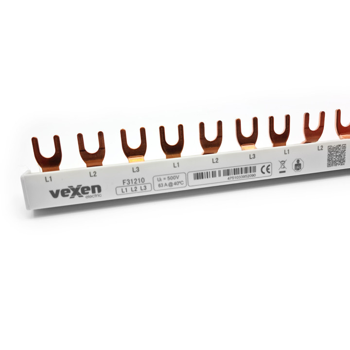 Jeu de barres MCB 10 mm2, triphasé, type fourche, 210 mm, 12 modules