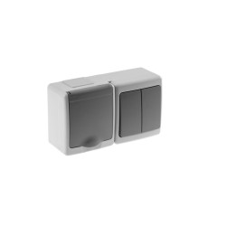 BETA Block-Aufputzschalter 1+1 + Steckdose mit Erdung und Abdeckung grau IP44