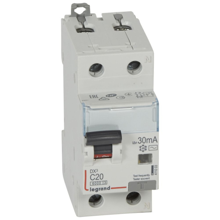 Disjoncteur différentiel - DX 6000 -10 kA -1P+N-230 V -20 A -30 mA -Type AC -N main droite