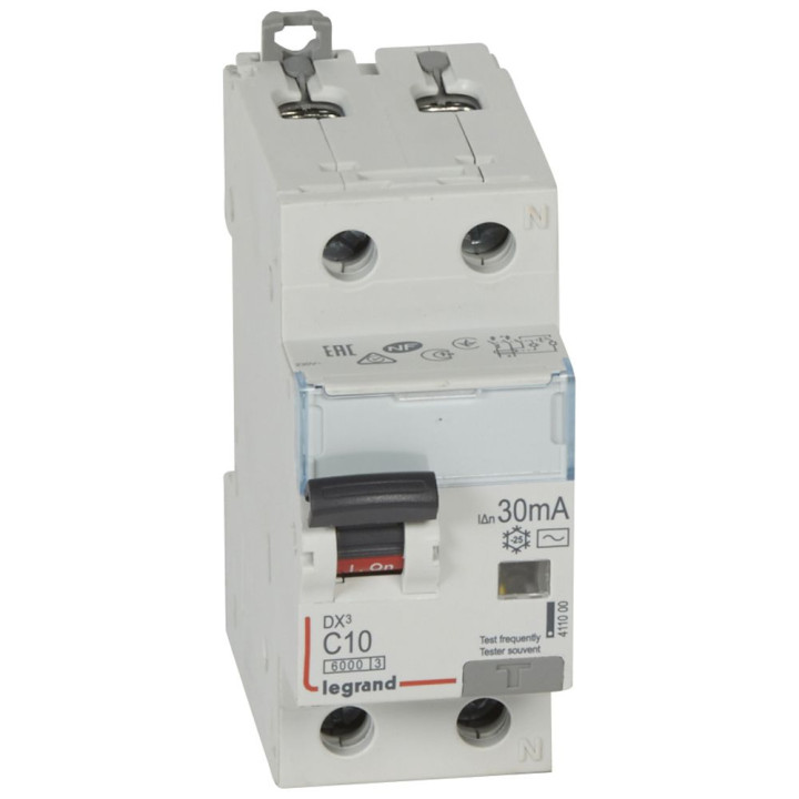Disjoncteur différentiel - DX 6000 -10 kA -1P+N-230 V -10 A -30 mA -Type AC -N main droite