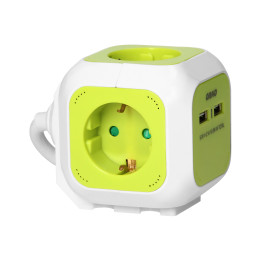 Extension sockets, 4 schuko sockets, 2 x USB, 1.4 m cable, lime