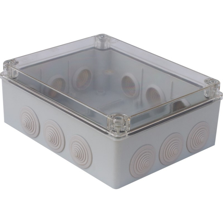 Boîtier S-BOX montage en saillie IP65 240x190x90mm couvercle transparent avec presse-étoupes
